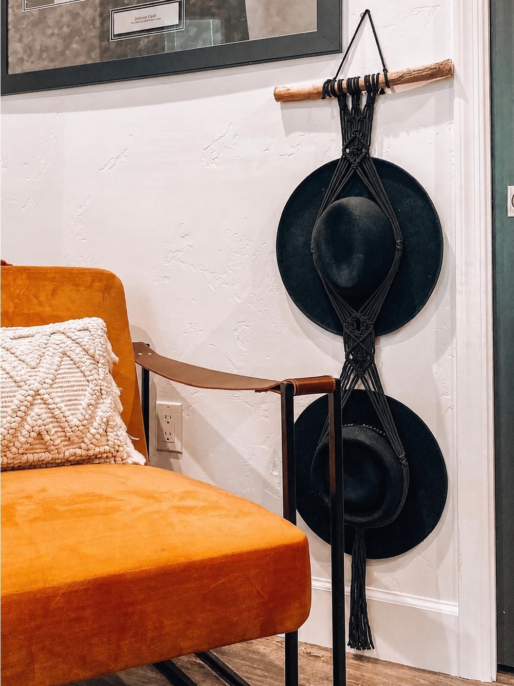 Black Macramé Hat Holder Wall Hanging on Driftwood